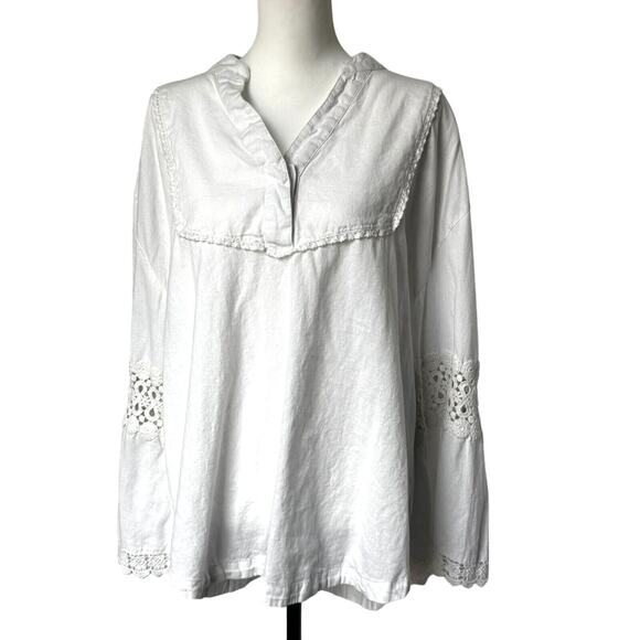 TUCKERNUCK Women's XXL Blanc White Piper Lace Top Tunic Cotton Linen Bell Sleeve - Picture 3 of 11